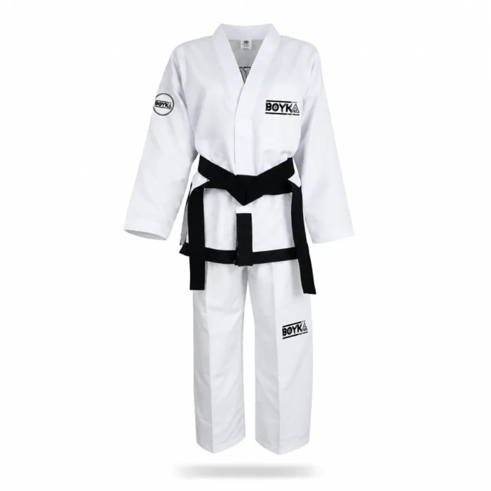 Boyka White ITF Taekwondo Uniform with Black Side Stripe and Black Belt