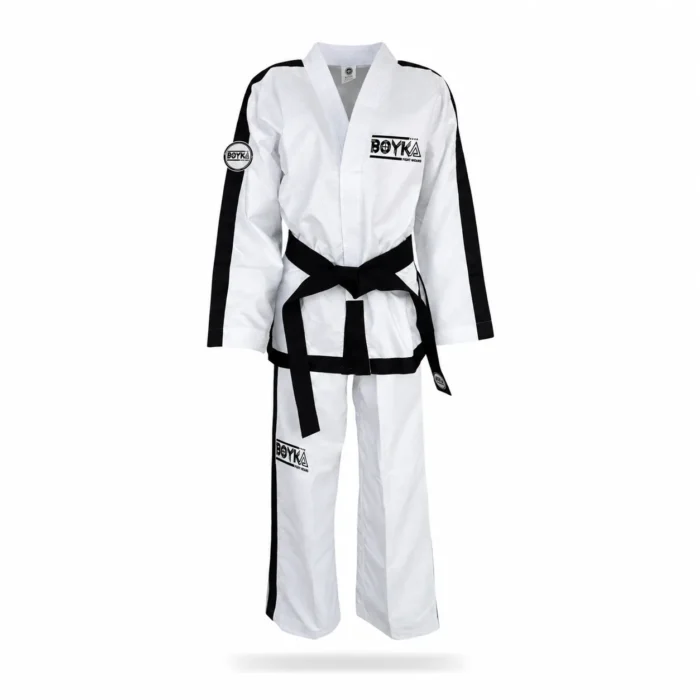 Boyka White ITF Taekwondo Uniform with Black Trim and Black Belt