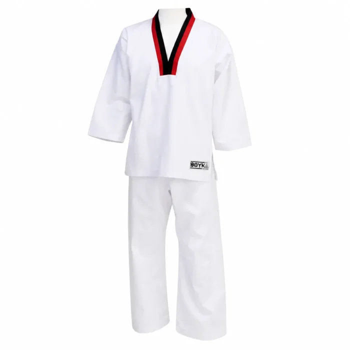 Boyka White Taekwondo Uniform with Black & Red V-Neck Collar
