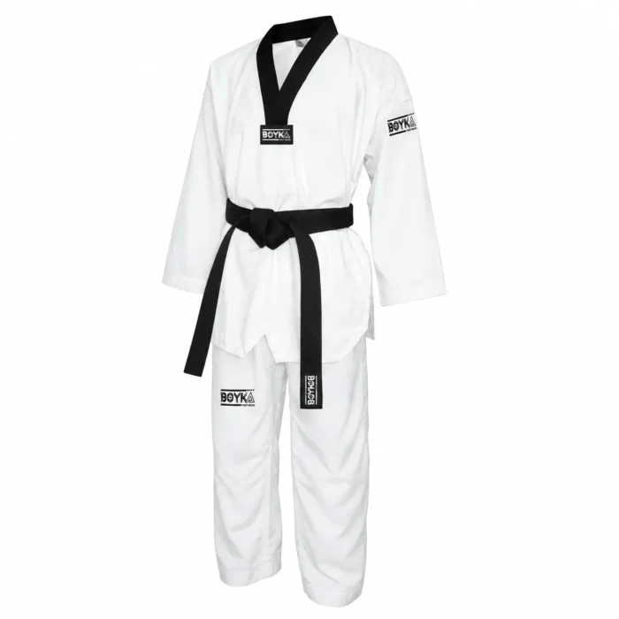 Boyka White Taekwondo Uniform with Black V-Neck Collar and Black Belt