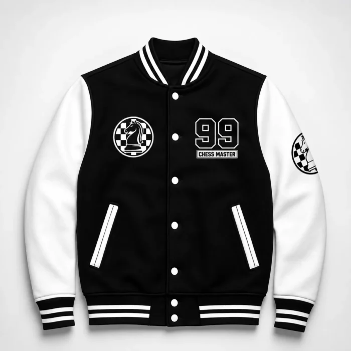 Graphic Varsity Jacket – Black & White Chess Design