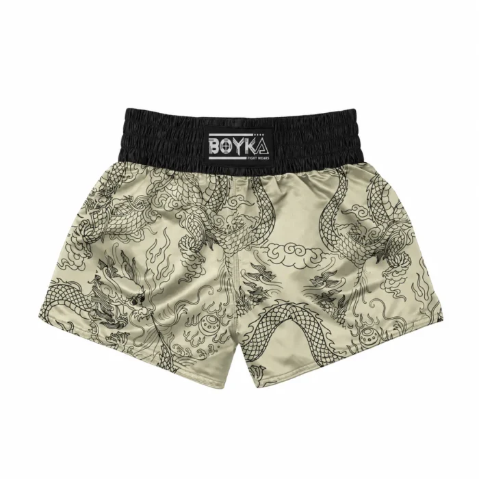 Golden Dragon Muay Thai Shorts – Cream & Black